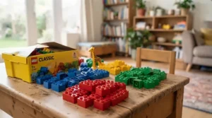 Brightly coloured red, blue, and yellow bricks from a LEGO Classic set for toddlers sorted by shade on the floor.