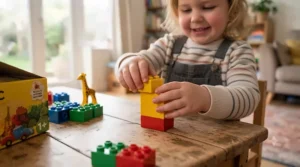 Close-up of tiny hands stacking chunky bricks from a LEGO Classic set for toddlers to build a small tower.