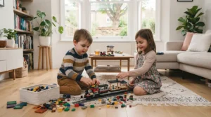 Close-up of a child's hands carefully interlocking small plastic LEGO bricks to build a detailed model.