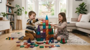 Young children building a tall tower together using translucent magnetic tiles on the living room floor.