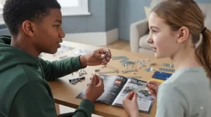 Teenagers browsing a shelf of construction toys, considering the benefits of LEGO Technic versus Meccano for their hobby projects.