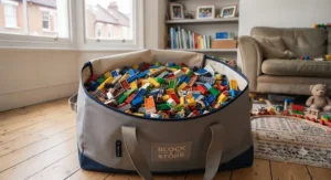 Open collapsible toy brick storage bag showing a wide-mouth design for quick and easy clean-up after playtime.
