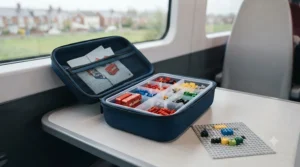 Small, durable storage case packed with miniature building blocks, ideal for packing in a child's rucksack.