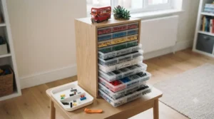 A space-saving vertical tower with slim drawers designed for organising small LEGO pieces in a compact bedroom.