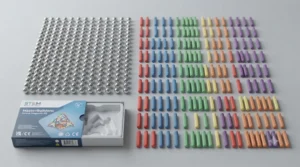 Flat lay view of a complete magnetic balls and rods set including silver metal spheres, coloured magnetic sticks, and storage container.