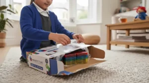Creative open-ended magnetic block structures built by a toddler in a British living room.