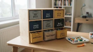 A homemade wooden cubby shelf system housing labelled fabric bins for LEGO organisation.