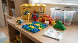 Educational STEM play featuring shapes and patterns made with a LEGO Classic set for toddlers.