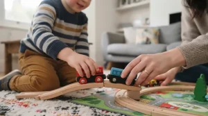 Diagram and illustration showing how magnetic train sets help develop hand-eye coordination in early years.