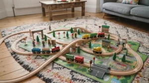 Variety of compatible magnetic train carriages, trees, and station buildings spread out on a rug.