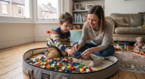 A parent and child sorting building blocks together beside a large, flat-laying toy storage bag in a family home.