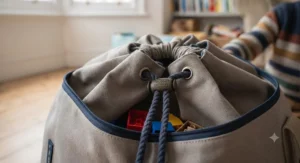 Close-up of a heavy-duty canvas toy storage bag featuring a robust drawstring cord and reinforced stitching for everyday durability.