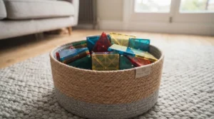A neatly organised canvas toy storage basket filled with colourful magnetic building tiles in a UK nursery.