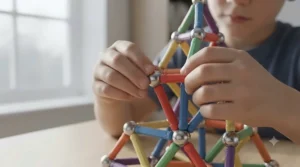 Child's hands connecting steel spheres and colourful magnetic rods to build a 3D tower, fostering STEM learning.
