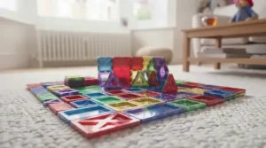 A large collection of translucent magnetic tiles spread out to show variety and piece count.