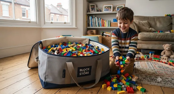 A spacious waterproof building blocks storage bag laid out in a modern British living room, filled with colourful toy bricks. building blocks storage bag