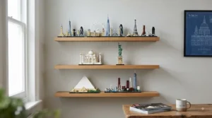 Stylish home office display shelves showcasing completed adult LEGO Architecture landmark models.