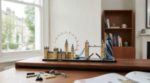 Completed LEGO Architecture London skyline set featuring iconic landmarks like the London Eye and Tower Bridge.