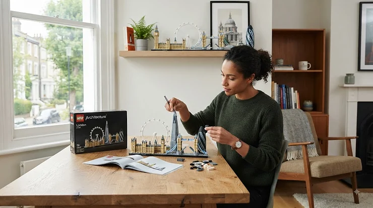 LEGO Architecture set for adults built and displayed on a shelf in a modern British living room. LEGO Architecture set for adults