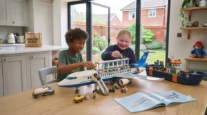 Large LEGO City white passenger aeroplane with a terminal building and ground crew vehicle.