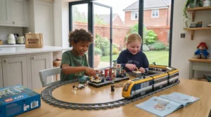 Remote-controlled LEGO City express passenger train moving along railway tracks.