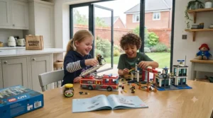 LEGO City fire engine truck with firefighters and equipment ready for emergency rescue missions.