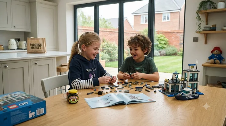 A colourful LEGO City police station set displayed on a table, popular with children across the UK. LEGO City set