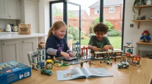 Detailed LEGO City town centre containing shops, a cafe, and minifigures enjoying a day out.