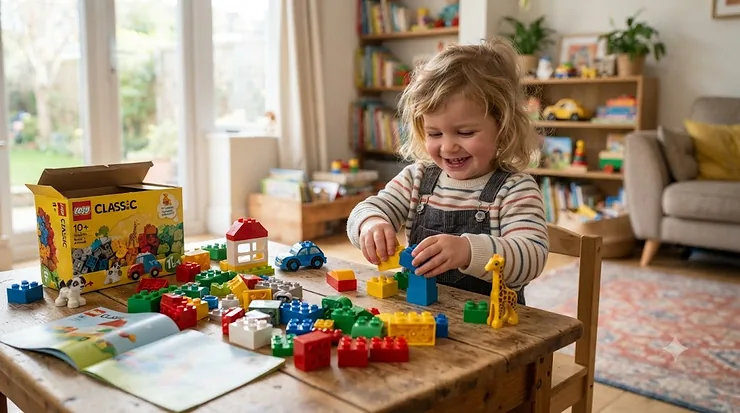 Colourful LEGO Classic set for toddlers spread out on a wooden play table, inspiring creative building skills. LEGO Classic set for toddlers
