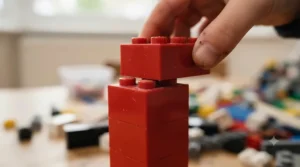 Close-up of interlocking plastic toy bricks demonstrating clutch power and manufacturing quality.