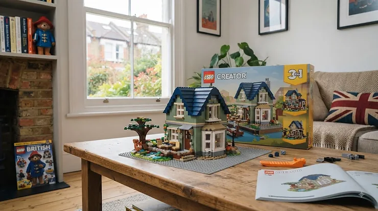 Modern suburban LEGO Creator 3-in-1 family home featuring a garden terrace and barbecue grill. LEGO Creator 3-in-1 sets