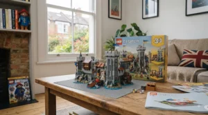 High street LEGO Creator 3-in-1 toy shop building with detailed window displays and colourful bricks.