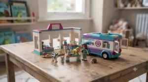 LEGO Friends animal rescue set featuring a puppy and a mobile clinic vehicle.