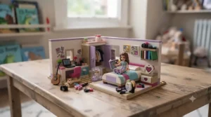 Detailed LEGO Friends bedroom build showcasing customisable interior accessories.