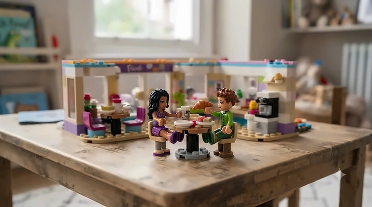 LEGO Friends mini-doll figures interacting at a colourful cafe playset. LEGO Friends sets for a 6 year old girl