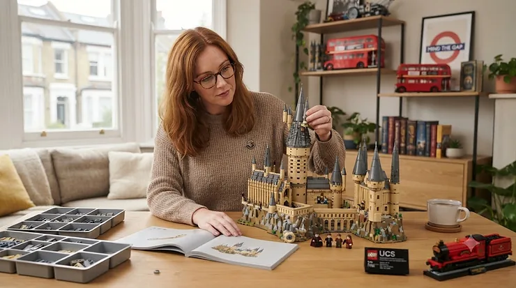 An adult LEGO enthusiast, a woman with auburn hair and glasses, carefully assembling the intricate LEGO Harry Potter Hogwarts Castle (71043) UCS set. The model sits on a wooden desk in a sunlit London flat living room, complete with a 'Mind the Gap' print and other Harry Potter memorabilia in the background. The scene highlights the scale and detail of the build for grown-up fans. LEGO Harry Potter sets for adult fans