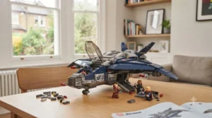 Assembled LEGO Marvel Avengers vehicle toy built with colourful bricks for creative play.