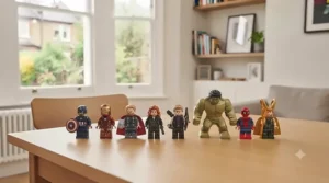 Lineup of popular LEGO Marvel minifigures including Spider-Man, Thor, and Captain America.