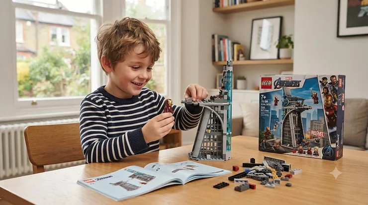 Colourful display of a LEGO Marvel set for kids featuring Spider-Man and Iron Man minifigures ready for action. LEGO Marvel set for kids