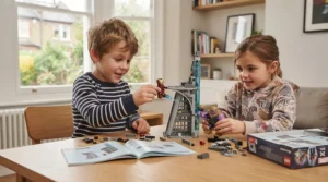 Kids playing with a LEGO Marvel superhero battle set featuring dynamic action features and villain minifigures.