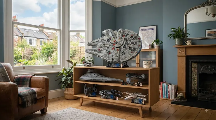 Ultimate LEGO Star Wars set for collectors displayed on a shelf in a British living room. LEGO Star Wars set for collectors