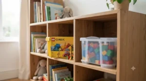 Convenient plastic storage tub filled with pieces from a LEGO Classic set for toddlers to keep bedrooms tidy.