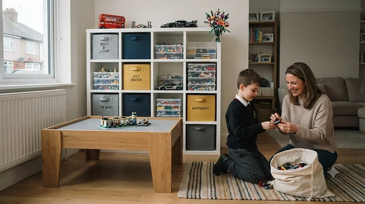 A tidy children's bedroom featuring various LEGO storage boxes and organisational units stacked neatly on a white shelf. lego storage solutions