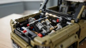 Close-up of a complex LEGO Technic engine model showing intricate gear mechanisms suitable for advanced teen builders.