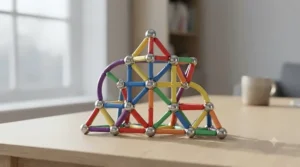 Vibrant magnetic balls and rods construction set arranged in a complex geometric shape on a tabletop, popular educational toy for children.