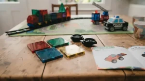 Two children playing together with assembled magnetic building vehicles during playtime.