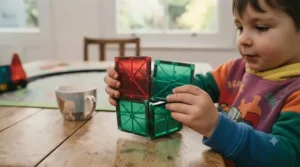 A toddler assembling a magnetic digger and construction vehicle on a wooden floor.