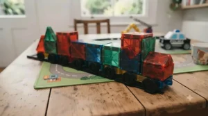 An assortment of magnetic building vehicles including cars, trucks, and emergency services.