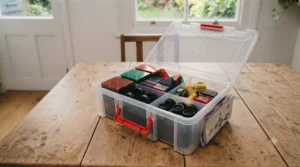 Close-up of a magnetic police car construction toy with translucent geometric tiles.