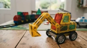 A durable storage box filled with magnetic building vehicles and wheels for children.